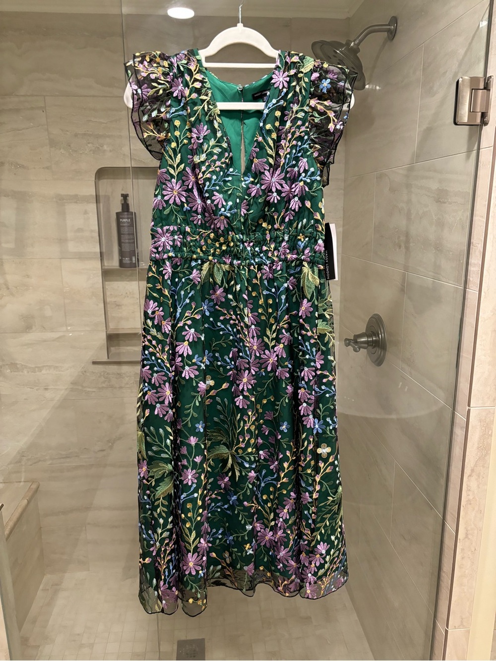 Women’s Floral Green A-Line Dress with Ruffled Sleeves
